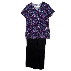 Scrubstar Womens V-Neck Purple Floral Print Scrub Set  M 100% Cotton